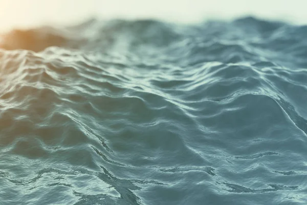 Fondo de agua azul con ondulaciones, mar, vista de ángulo bajo de onda oceánica. Primer plano Fondo de la naturaleza. Enfoque suave con enfoque selectivo, renderizado 3D — Foto de Stock