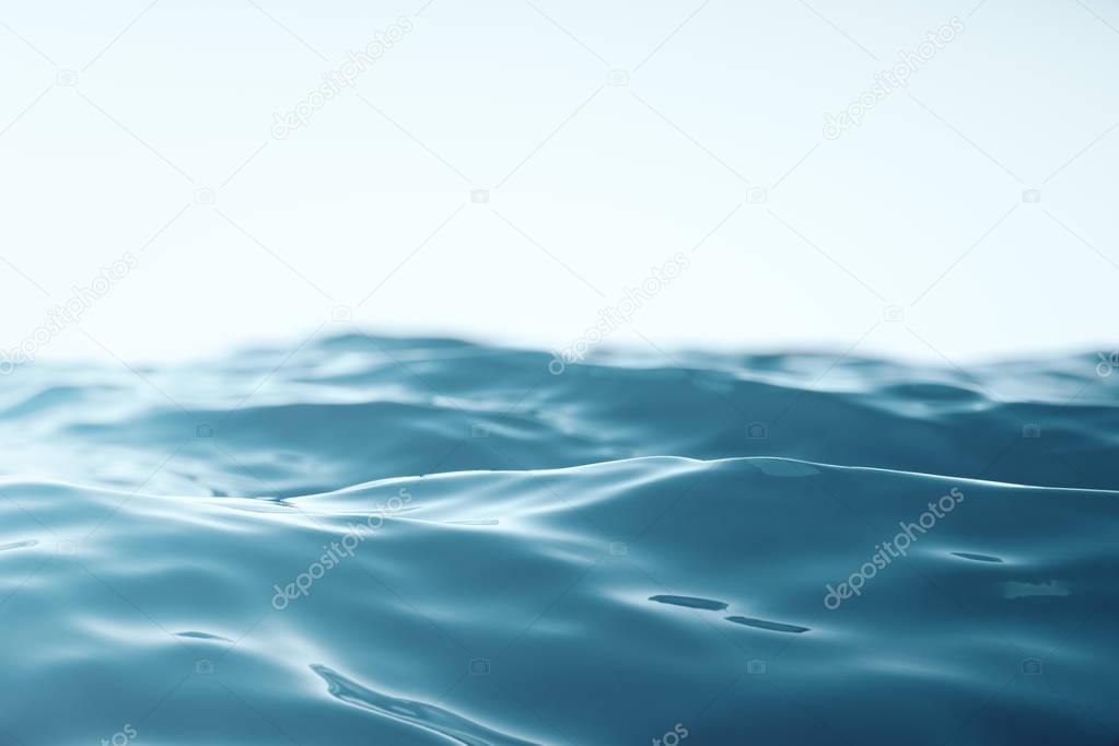 Sea wave close-up, low angle view with bokeh effects. 3d rendering