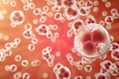 Kırmızı hücre arka planı. Hayat ve Biyoloji, tıp bilimsel, moleküler araştırma dna. 3D render