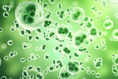 Human cells or animal on green background. Life and biology, medicine scientific concept with focus effect. 3d rendering clipart