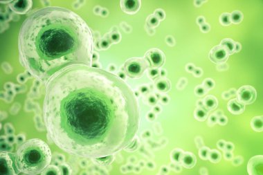 Yeşil hücre arka planı. Hayat ve Biyoloji, tıp bilimsel, moleküler araştırma dna. 3D render