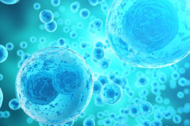 Mavi hücre arka planı. Hayat ve Biyoloji, tıp bilimsel, moleküler araştırma dna. 3D render