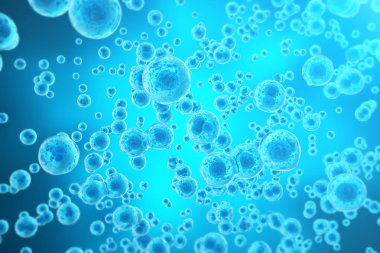 Mavi hücre arka planı. Hayat ve Biyoloji, tıp bilimsel, moleküler araştırma dna. 3D render
