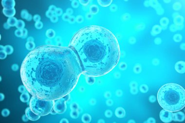 Mavi hücre arka planı. Hayat ve Biyoloji, tıp bilimsel, moleküler araştırma dna. 3D render