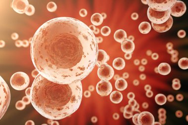 Kırmızı hücre arka planı. Hayat ve Biyoloji, tıp bilimsel, moleküler araştırma dna. 3D render