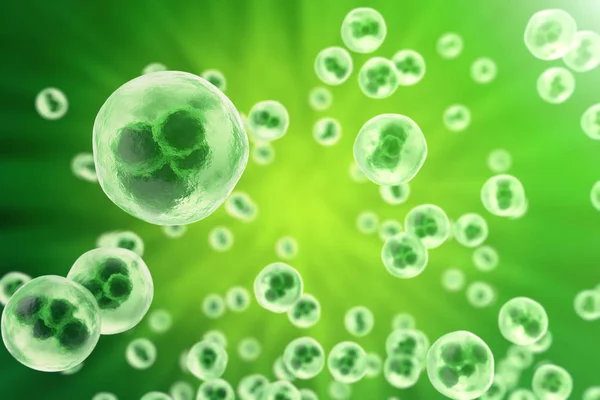 Células humanas o animales sobre fondo verde. Vida y biología, concepto científico de la medicina con efecto foco. renderizado 3d —  Fotos de Stock