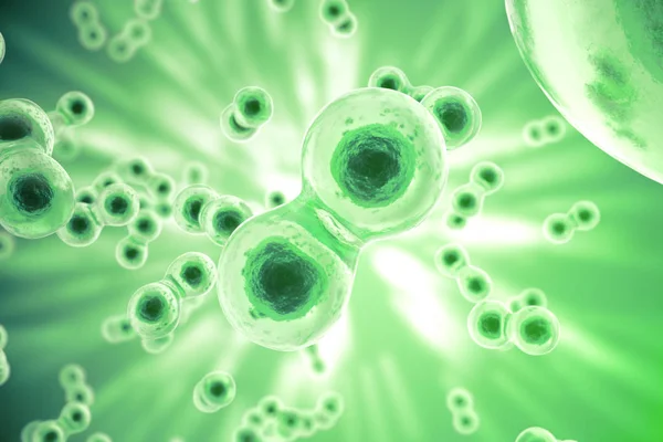 绿色单元格背景。生活与生物学、 医学科学、 分子生物学研究 dna。3d 渲染 — 图库照片