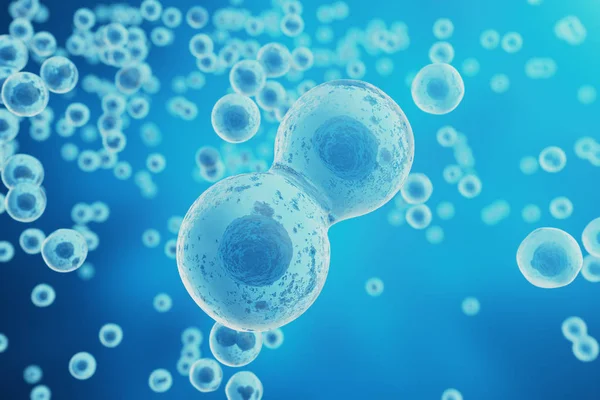 Mavi hücre arka planı. Hayat ve Biyoloji, tıp bilimsel, moleküler araştırma dna. 3D render