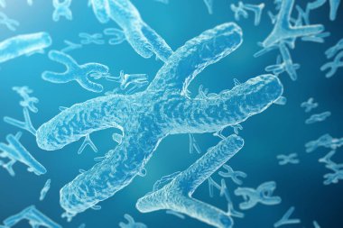 Kromozomlar bilimsel arka plan üzerinde. Hayat ve Biyoloji, tıp bilimsel kavram odak etkisi, 3d render ile