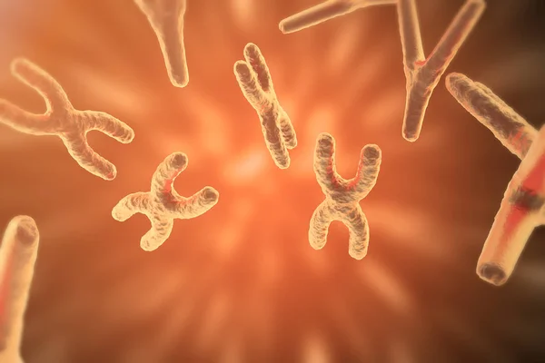 Chromosomen auf wissenschaftlichem Hintergrund. Leben und Biologie, medizinwissenschaftliches Konzept mit Fokuswirkung. 3D-Darstellung — Stockfoto