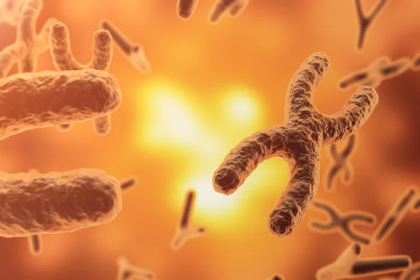 Kromozomlar bilimsel arka plan üzerinde. Hayat ve Biyoloji, tıp bilimsel kavram odak etkisi ile. 3D render — Stok fotoğraf