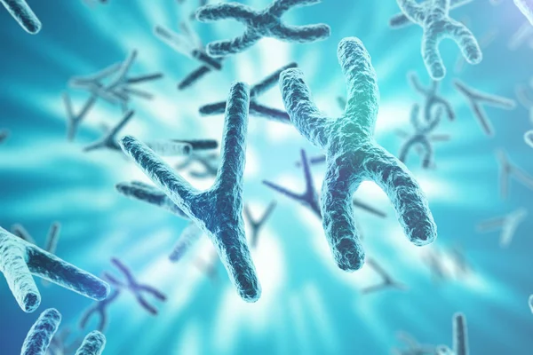 Chromosomen op wetenschappelijke achtergrond. Leven en biologie, geneeskunde wetenschappelijke concept met focus effect. 3D-rendering — Stockfoto