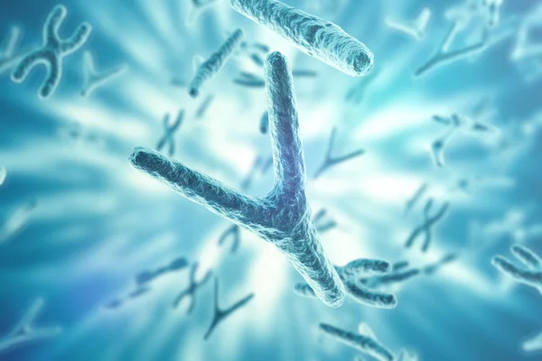 Chromosomen auf wissenschaftlichem Hintergrund. Leben und Biologie, medizinwissenschaftliches Konzept mit Fokuswirkung. 3D-Darstellung — Stockfoto