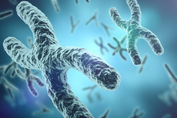 Chromosomes on scientific background. Life and biology, medicine scientific concept with focus effect. 3d rendering