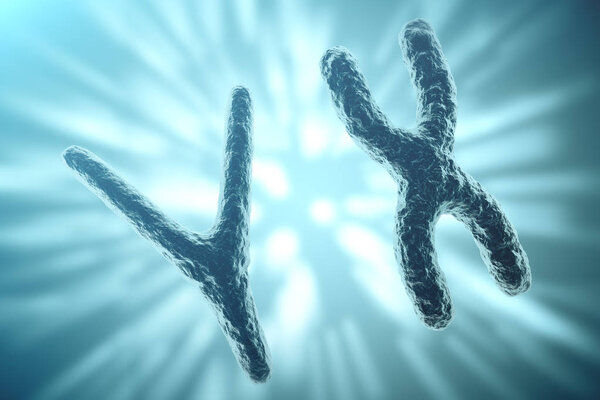 XY-chromosomes on background, medical symbol gene therapy or microbiology genetics research with with focus effect. 3d rendering