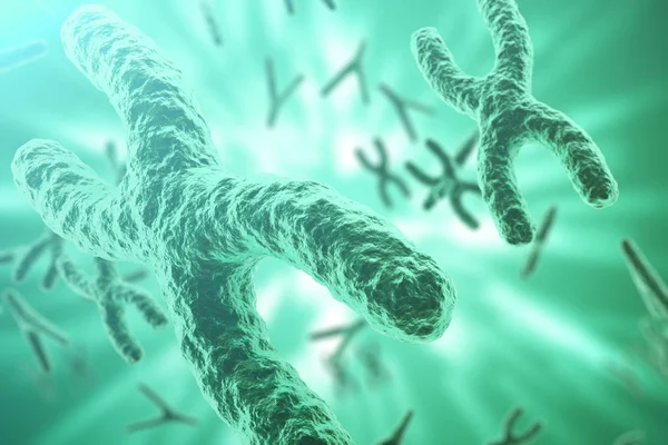 XY-kromosomer på bakgrund, medicinsk symbol gen terapi eller mikrobiologi genetik forskning med med focus effect. 3D-rendering — Stockfoto
