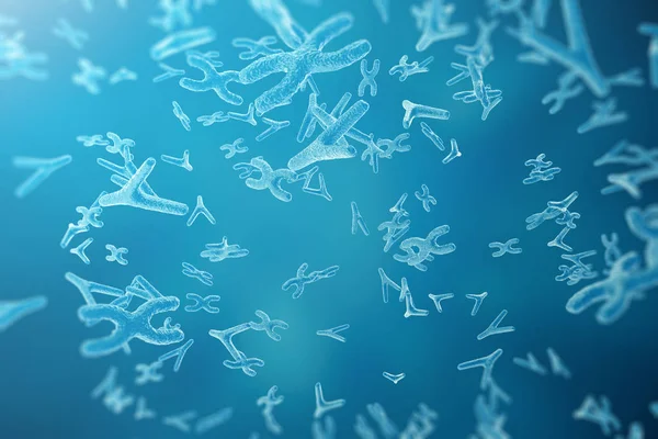 Chromosomes on scientific background. Life and biology, medicine scientific concept with focus effect, 3d rendering