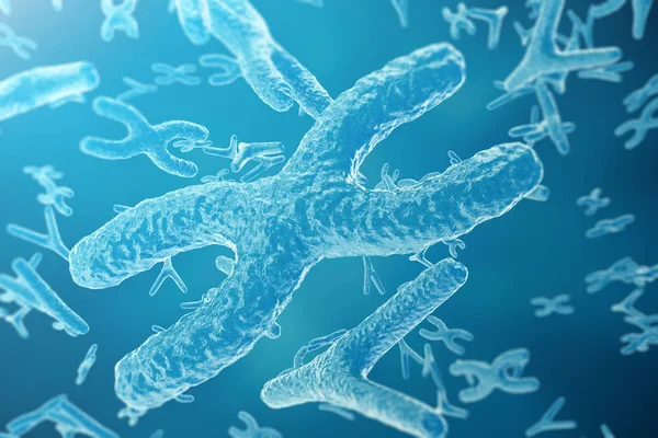 Chromosomen op wetenschappelijke achtergrond. Leven en biologie, geneeskunde wetenschappelijke concept met focus effect, 3D-rendering — Stockfoto