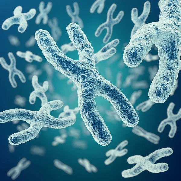 Xy-Chromosomen im Hintergrund, medizinische Symbolgentherapie oder mikrobiologische Genetikforschung mit Fokuswirkung. 3D-Darstellung — Stockfoto