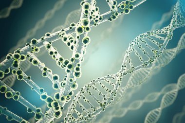 Biyokimya dna yapısı üzerinde mavi arka plan ile kavramı. 3D render tıp kavramı.