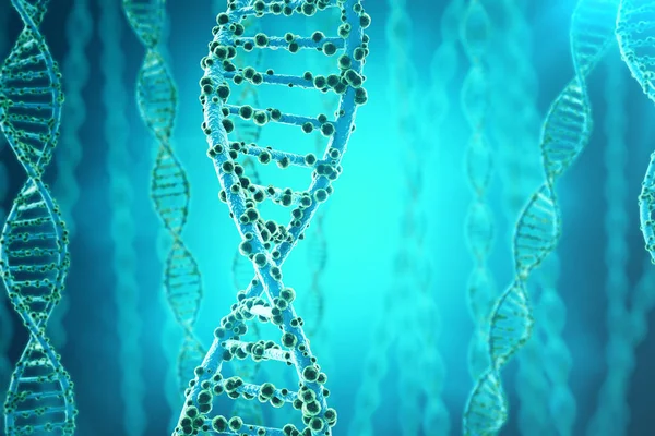 Koncepció, a biokémia, a DNS szerkezetének a kék háttér. 3D rendering gyógyszer fogalma. — Stock Fotó