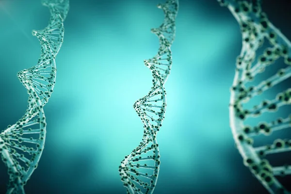 生物化学与 dna 结构在蓝色背景上的概念。3d 渲染医学概念. — 图库照片