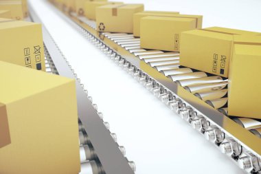 Paketleri teslim, paketleme hizmeti ve paketler ulaşım sistemi kavramı, Konveyör bant, 3d render üzerinde karton kutular