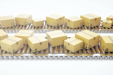 Paketleri teslim, paketleme hizmeti ve paketler ulaşım sistemi kavramı, Konveyör bant, 3d render üzerinde karton kutular