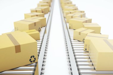Paketleri teslim, paketleme hizmeti ve paketler ulaşım sistemi kavramı, Konveyör bant, 3d render üzerinde karton kutular