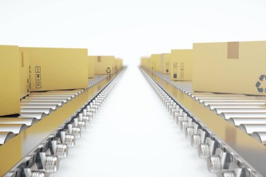 Paketleri teslim, paketleme hizmeti ve paketler ulaşım sistemi kavramı, Konveyör bant, 3d render üzerinde karton kutular