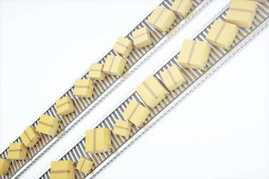 Paketleri teslim, paketleme hizmeti ve paketler ulaşım sistemi kavramı, Konveyör bant, 3d render üzerinde karton kutular