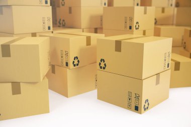 Ambar veya teslim kavramı arka plan. Karton teslim kutuları veya parsel yığını. 3D render