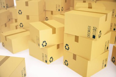 Ambar veya teslim kavramı arka plan. Karton teslim kutuları veya parsel yığını. 3D render