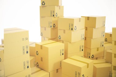 Teslim iş kavramı, oluklu karton kutu, yığını üzerinde izole beyaz paketler. 3D render