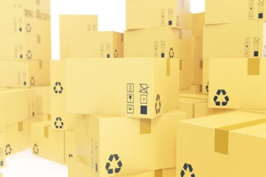 Teslim iş kavramı, oluklu karton kutu, yığını üzerinde izole beyaz paketler. 3D render