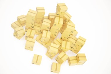 Teslim iş kavramı, oluklu karton kutu, yığını üzerinde izole beyaz paketler. 3D render