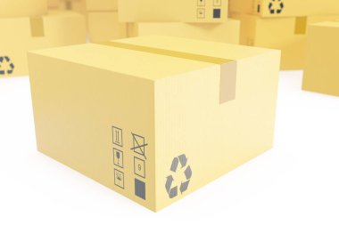 Teslim iş kavramı, oluklu karton kutu, yığını üzerinde izole beyaz paketler. 3D render
