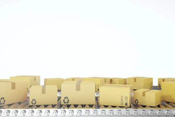 Imballaggi concetto di consegna, servizio di imballaggio e sistema di trasporto pacchi, scatole di cartone su nastro trasportatore, rendering 3d — Foto Stock