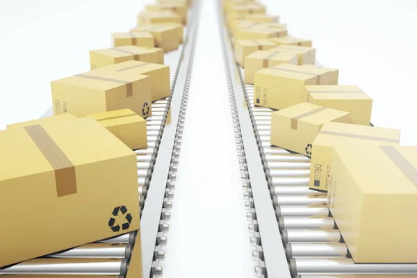 Paketzustellung, Verpackungsservice und Pakettransportsystem-Konzept, Kartons auf Förderband, 3D-Rendering — Stockfoto