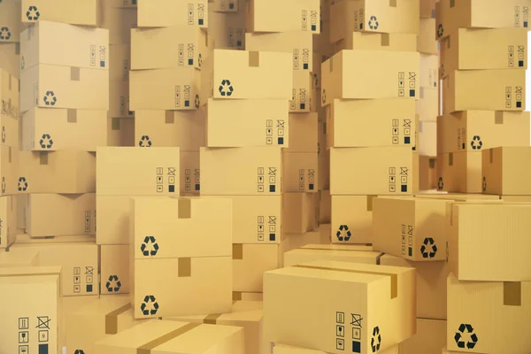 Fondo de almacén o concepto de entrega. Montón de cajas de cartón o paquetes. renderizado 3d — Foto de Stock