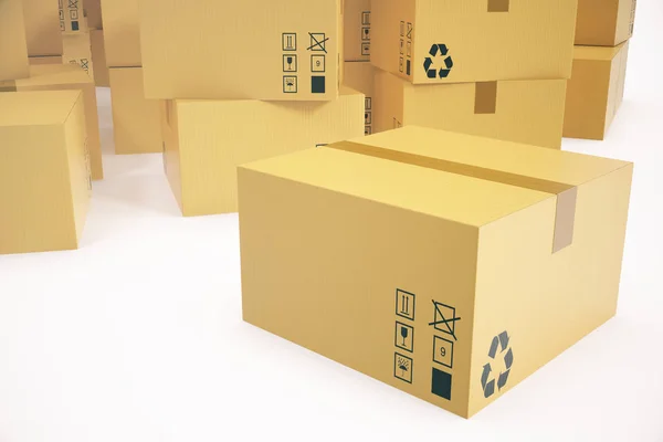 Armazém ou fundo conceito de entrega. Heap de caixas de entrega de papelão ou parcelas. Renderização 3d — Fotografia de Stock