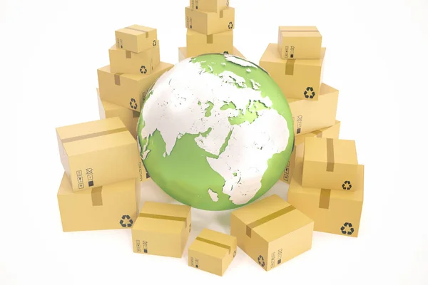 Spedizione scatola di cartone e concetto di business consegna in tutto il mondo, globo pianeta terra. Rendering 3D. Elementi di questa immagine sono forniti dalla NASA — Foto Stock