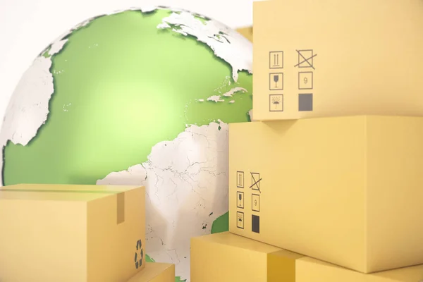 Transporte de caixa de papelão e conceito de negócio de entrega em todo o mundo, planeta terra globo. renderização 3d. Elementos desta imagem são fornecidos pela NASA — Fotografia de Stock