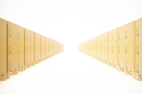 Konsep gudang kotak kardus ditumpuk pada palet kayu untuk transportasi pengiriman terisolasi pada latar belakang putih. Rendering 3d — Stok Foto