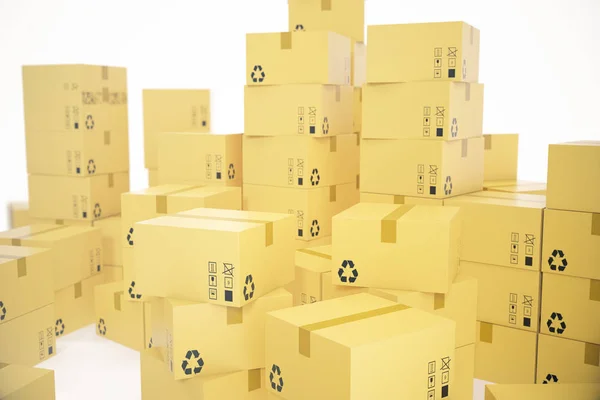 Pilha de caixas de papelão isoladas em fundo branco para a entrega do conceito de negócio. Renderização 3d — Fotografia de Stock