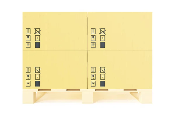 Stapel von Pappboxen für Pakete auf Paletten. Hintergrund des Lagerkonzepts. 3D-Darstellung — Stockfoto