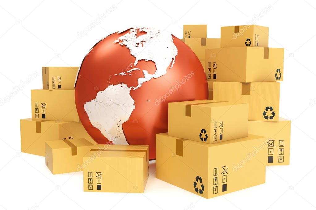 Cardboard box shipping and worldwide delivery business concept, earth planet globe. 3d rendering. Elements of this image are furnished by NASA