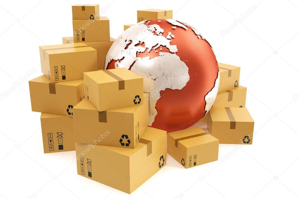 Cardboard box shipping and worldwide delivery business concept, earth planet globe. 3d rendering. Elements of this image are furnished by NASA