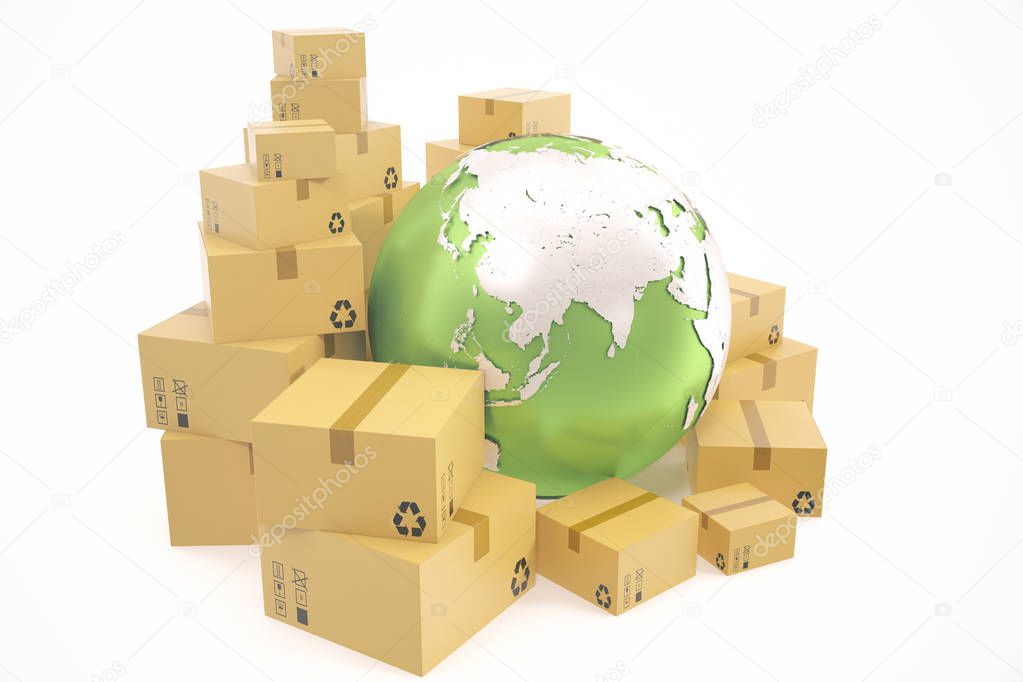 Cardboard box shipping and worldwide delivery business concept, earth planet globe. 3d rendering. Elements of this image are furnished by NASA