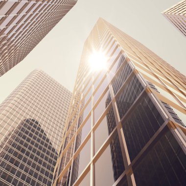 Alt görünümü içinde ışık gün batımında akşam iş bölgesinde modern gökdelenlerin. Endüstriyel mimari, iş inşaat ve Emlak mali kavramı. 3D render